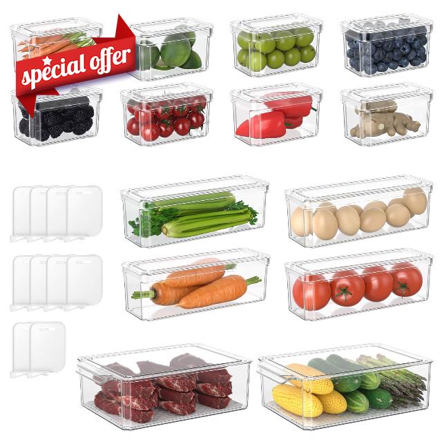 BOICHU Fridge Organizers and Storage - 14 Pack Clear Refrigerator Organizer Bins with Lid