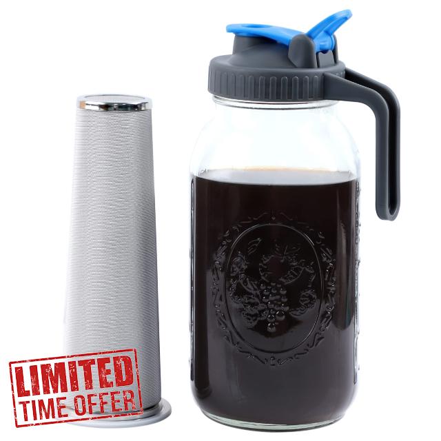 GMSWEET Mason Jar Cold Brew Coffee Maker 64 OZ Wide Mouth Cold Brew Pitcher With Pour Spout Handle Lid And Brew Filter For Iced Coffee