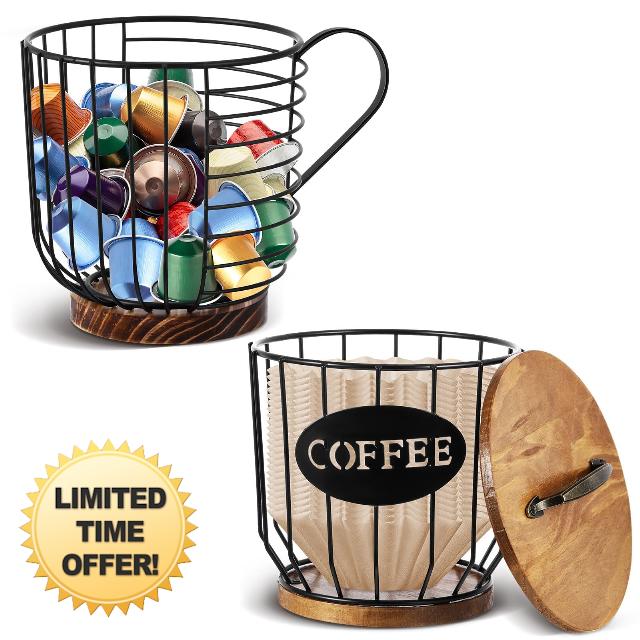 Dandat 2 Pcs Coffee Pod Holder with Wooden Base Rustic Coffee Filter Holder Storage Coffee Filter Storage Container Basket with Lid Coffee Bar Accessories Coffee Bar Organizer for Countertop Kitchen