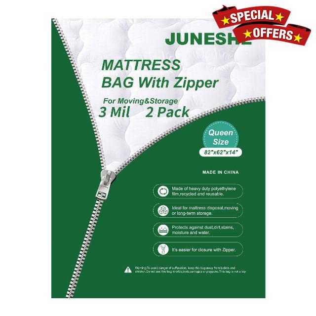 JUNESHE 2 Pack Zippered Queen Mattress Bags for Moving and Storage-3 Mil Mattress Moving Bags-Waterproof Mattress Protectors