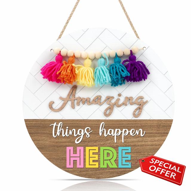 CHDITB 3D Amazing Things Happen Here Wooden Door Sign(11.4”x11.4”)