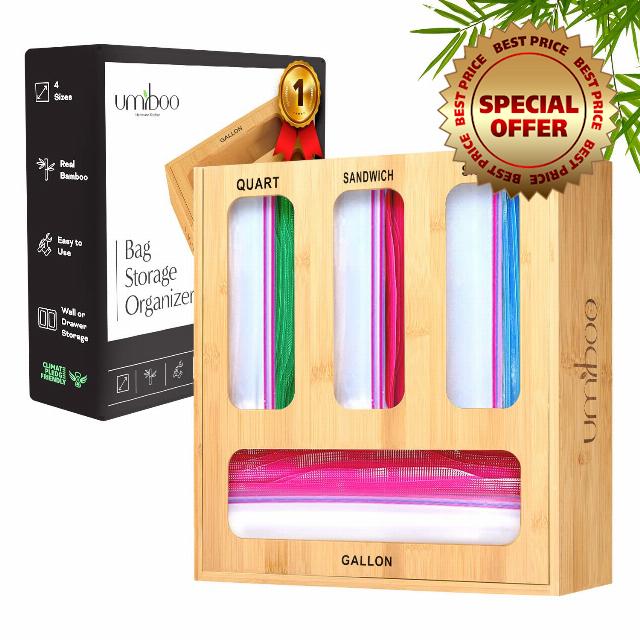 Umiboo Bamboo ziplock bag organizer for drawer | zip lock bag organizer | storage bag organizer | plastic bag storage organizer | plastic bag organizer | ziplock organizer | ziploc organizer