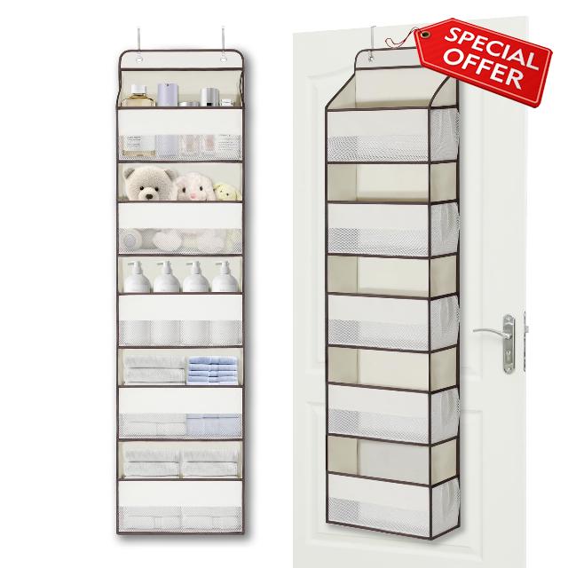 AINCE Over Door | Wall Mount Hanging Organizer Mesh Clear Window 5 Large Pockets Storage for Nursery | Pantry | Shoes | Toys | Kitchen (Beige)