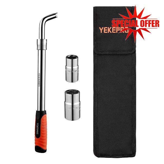 YEKEPRO Extendable Lug Nut Wrench with Flip Sockets - 4-Piece Telescoping Tire Wheel Wrench Set with 17/19mm and 21/22mm CR-V Sockets