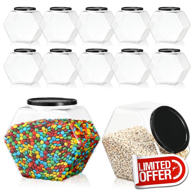 Dandat 12 Pack Plastic Candy Jars Bulk with Lid Clear Candy Containers 73 oz Hexagon Cookie Jars for Kitchen Counter Wide Round Mouth Candy Holders for Candy Buffet Display Snacks Treats Laundry Pod