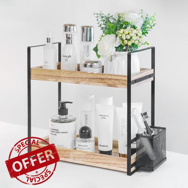 ELTNEGSA 2-Tier Bathroom Organizer with Basket for Bathroom Counter