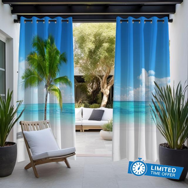BESTORI Outdoor Curtains for Patio Waterproof Privacy Curtains Blackout Thermal Insulated Grommet Top Curtains with Tropical Palm Tree Beach Landscape for Porch Pavilion Gazebo