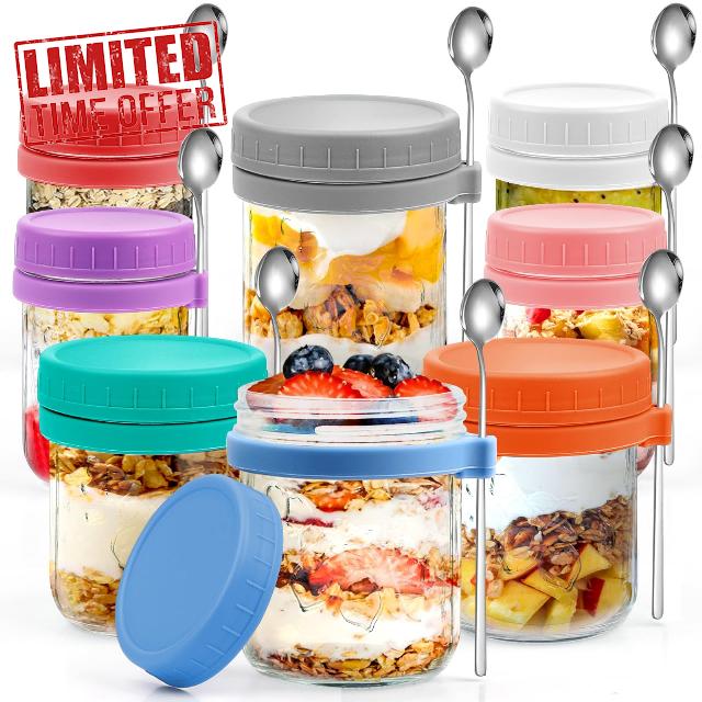 ZIZOTI 8 Packs Glass Overnight Oats Containers with Lids and Spoons