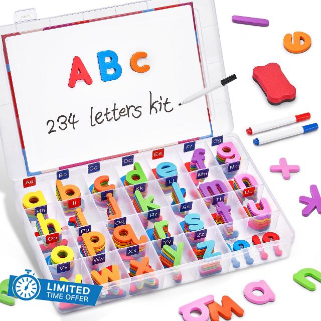 JoyCat Classroom Magnetic Alphabet Letters Kit 234 Pcs with Double - Side Magnet Board - Foam Alphabet Letters for Preschool Kids Toddler Colorful