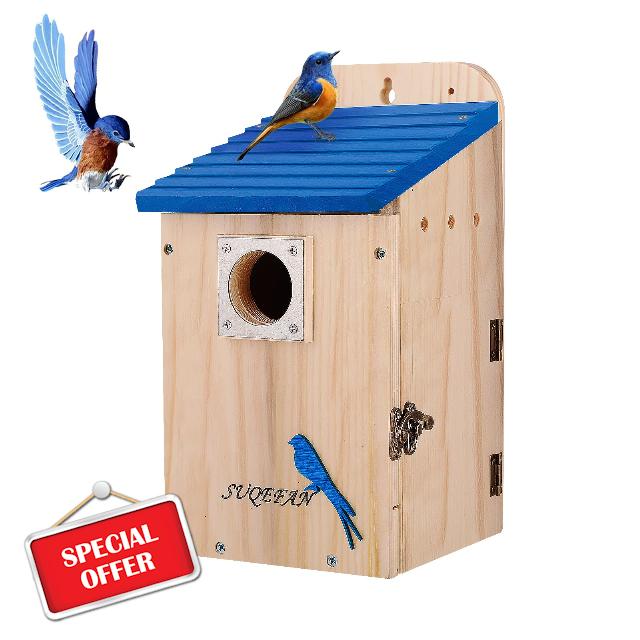 SUQEFAN 11" H Hanging Wood Blue Bird House for Outside Clearance with Metal Guard,Birdhouses for Outdoor Finch Bluebird Cardinals,Gifts for Bird Lovers