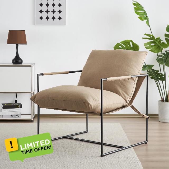 Kosydown Basic Accent Sling Chair Modern Armchair for Living Room Bedroom Reading Office Metal Frame Upholstered Soft Cushion Cozy Decorative Wheat Yellow Mid Century Relxing Comfortable Chair
