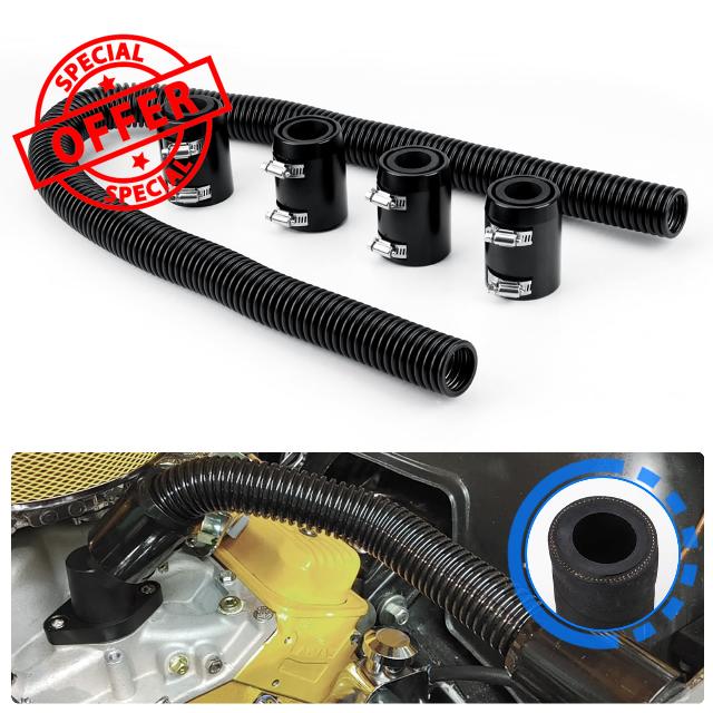 Flexible Radiator Hose 48” Universal Stainless Steel Silver Flexible Coolant Water Hose Kit With 4Pcs Explosion-proof radiator necks & Chrome Caps for 1-1/4"