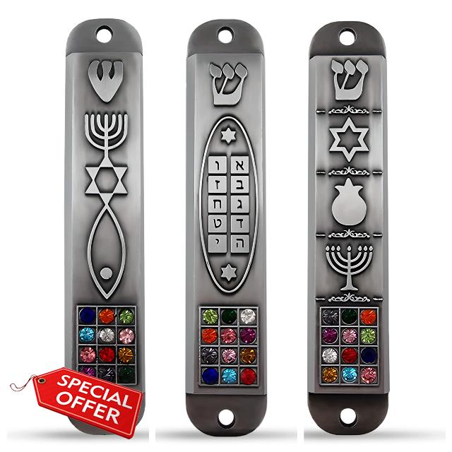 Set of 3 Pewter Mezuzah Case with Scroll for Door 3D Menorah Star of David Ten Commandments 12 Tribes of Israel Messianic Seal Jewish Mezuzah Set Judaica Gift 10 cm / 4 inch