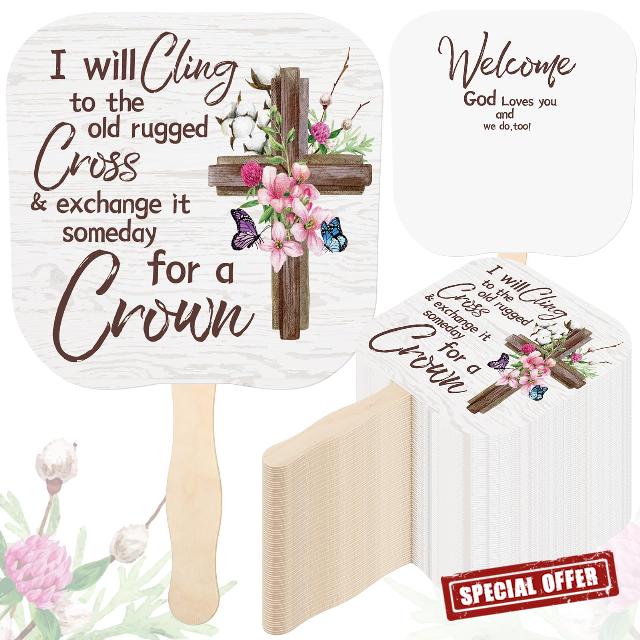 Tradder 100 Pcs Christian Church Fans Religious Handheld Fan Bulk I Will Cling to The Old Rugged Cross Religious Gifts Parlor Fans Thick Paper Fans with Wooden Handle (Classic Style)