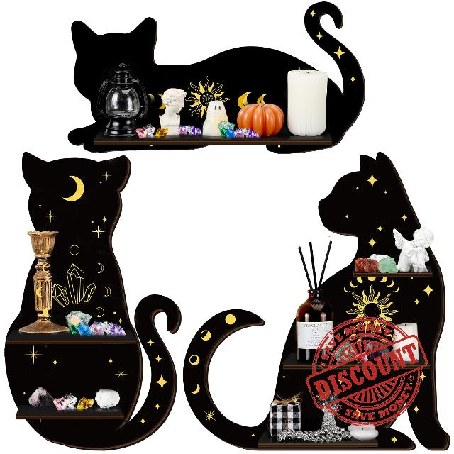 Geetery 3 Pcs Black Cat Crystal Display Shelf with Hanging Hooks Floating Moon Cat Shelf for Crystals Wooden Halloween Cute Wall Shelves Crystal Holder for Stones Display Gothic Wall Decor for Home