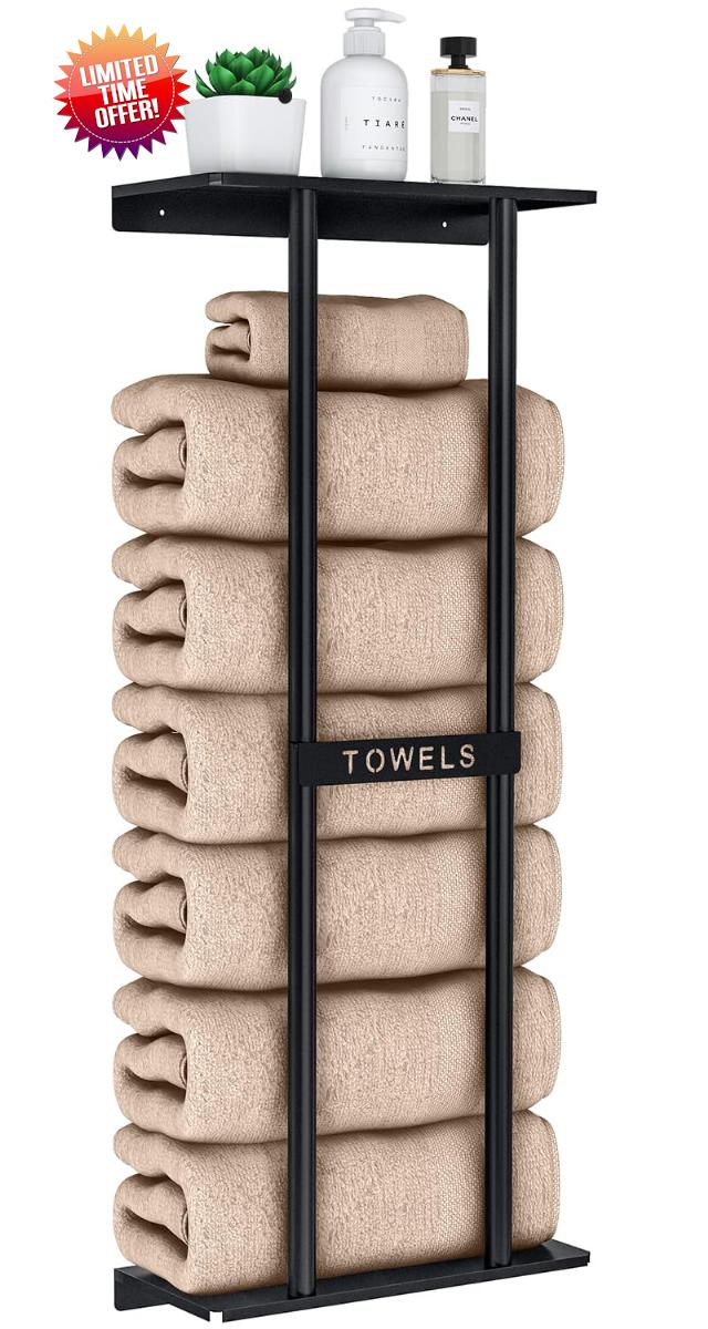 STWWO Towel Rack Wall Mounted Bath Towel Holder 76cm Black Bathroom Towel Holder with Shelf Large Bath Sheets Rolled Towels Storage for Small Bathroom Organizer