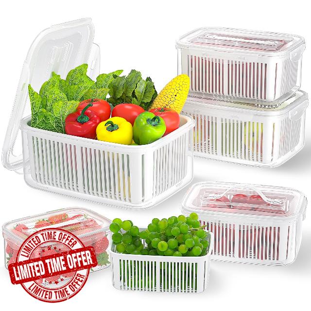 Large Fruit Containers for Fridge - 5pcs Leakproof Food Storage Containers with Removable Colander - Dishwasher & Microwave Safe Produce Containers Keep Fruits