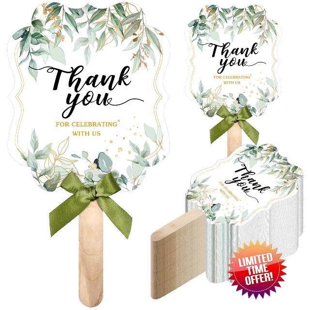 Huwena 50 Set Fall Handheld Paper Fan Fall in Love for Bridal Shower Favors Wedding Favors Baby Shower Birthday Party Gift Fans with Wooden Fan Handles and Ribbon (Green Leaf)
