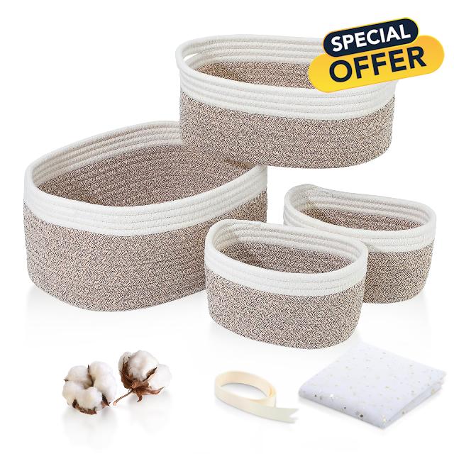 Baskets&Bins for Shelf Storage Organizing/Woven Baskets for Storage/Cotton Rope basket set of 4/Rectangle Toy Basket/Cute Storage for gift/for Bedroom with the Handle