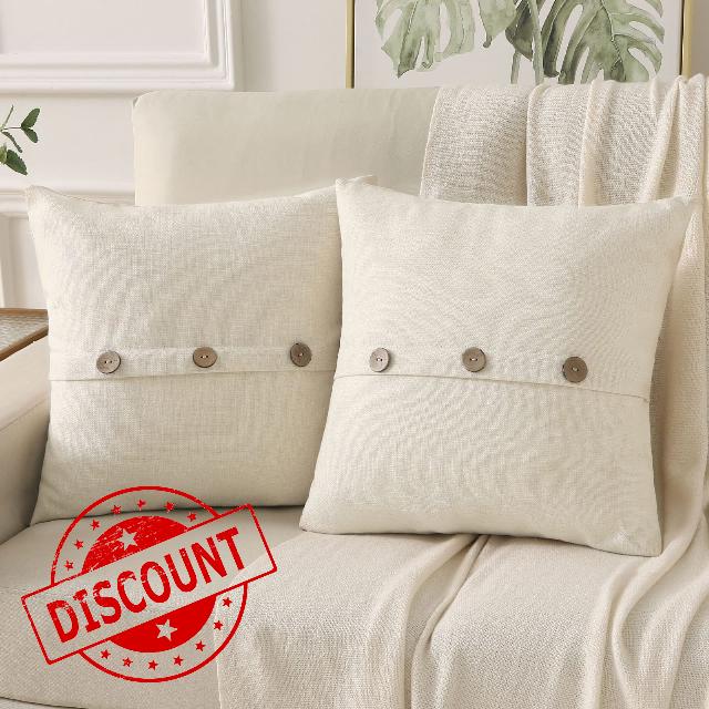 HAUSSY Cream White Linen Decorative Throw Pillow Covers 22x22 Inch Set of 2