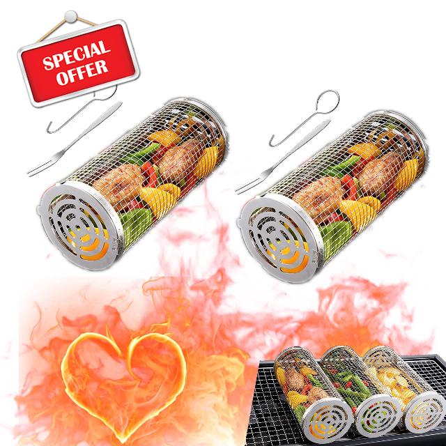 2 Pcs BBQ Rolling Grilling Basket for outdoor grill