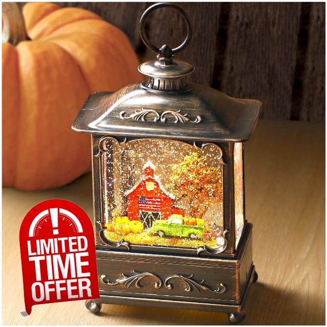 Fall Snow Globe Lantern - Priddop Red Barn Truck Pumpkin Glittering Music Lighted Lantern for Home