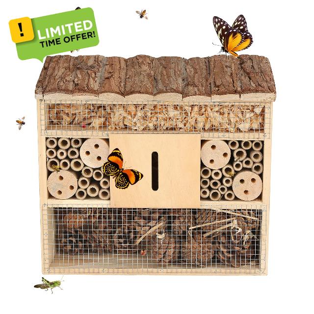 Wooden Bee House Mason Outdoor Garden Insect Hotel for Bees Butterfly Ladybugs Habitat Home Made Handmade Natural Wood Attract More Pollinators Live 11.4 x 10.6 x 3.9 Inch