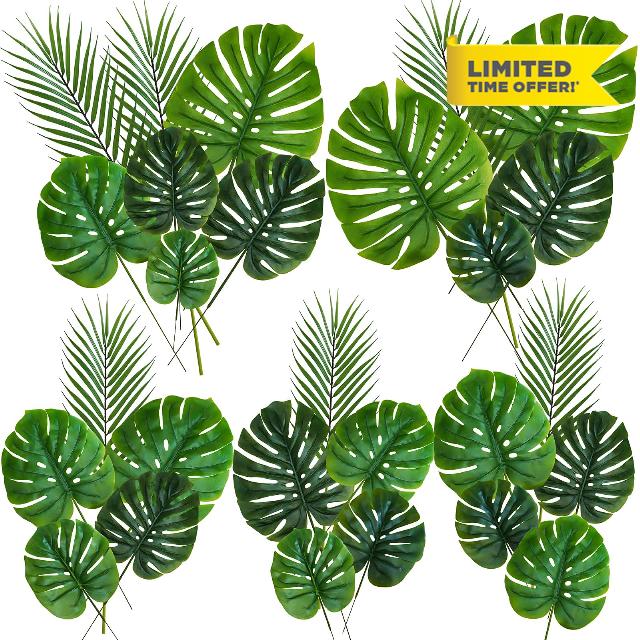 Winlyn 27 Pcs Assorted Faux Tropical Leaf Stems Set Decorative Real Touch Artificial Monstera and Palm Leaves Greenery for Jungle Hawaiian Luau Safari Beach Tiki Theme Party Summer Wedding Home Décor