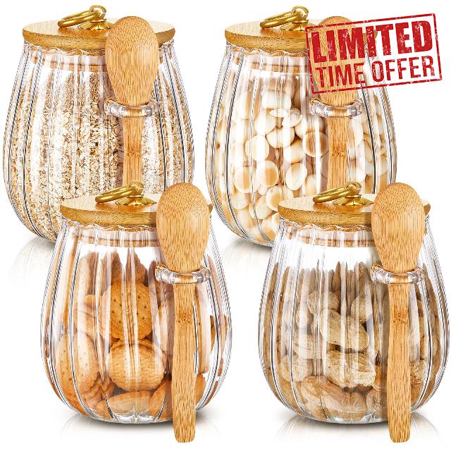 Pinkunn 4 Glass Stripe Jar 20.29 Fl oz Glass Overnight Oats Containers Decorative Jar with Lid Storage Candy Jar Coffee Nut Canister with Bamboo Lid and Spoon Small Airtight Jar for Coffee (Oval)