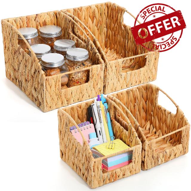 Bokon 4 Pcs Hyacinth Storage Baskets Wicker Baskets with Built in Handles Square Irregular Woven Basket Organizer Pantry Bins for Organizing Snacks Fruits Towel Kitchen Bathroom
