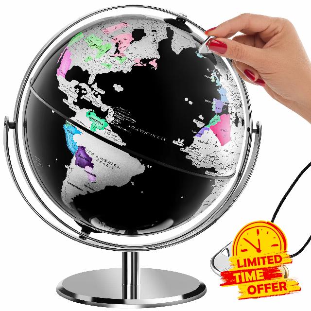 Scratch Off World Globe with Stand for Home and Office Decor | 10” Sphere Earth Globes with Scratchable Foil | A Unique Travel Gift for Travelers | World Map Desktop Globe | Travel Map Scratch Map