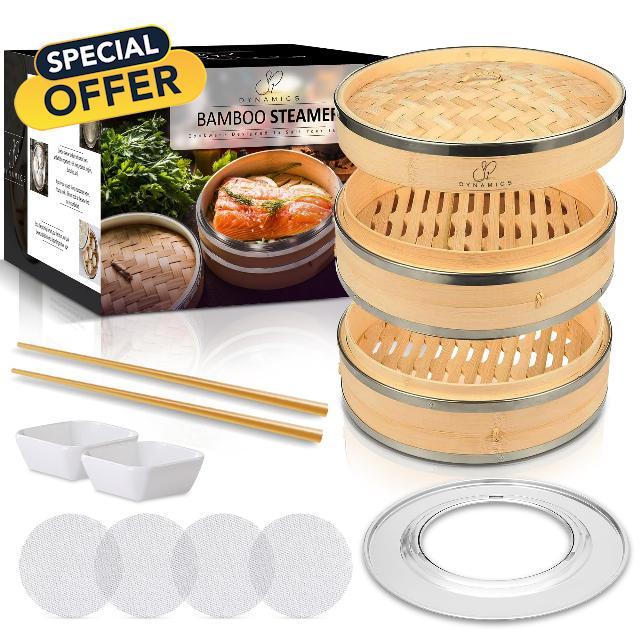 SP Dynamics Bamboo Steamer Basket Set Chinese Cuisine 10-inch 2 Tiers Steaming Basket for Cooking with Chopsticks