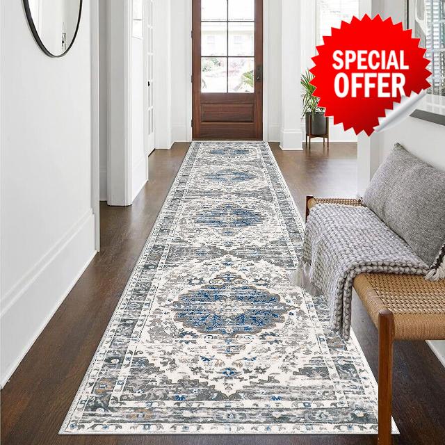 Ileading Boho Kitchen Runner Rug 2' x 10' Long Hallway Runner Rug Super Soft Bathroom Runner Rug Machine Washable Grey Floor Mats Carpet Runner for Entryway Hallway Bathroom Bedroom