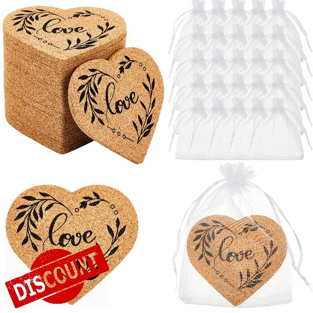 Umigy 50 Sets Heart Cork Coasters Wooden Personalized Wedding Favors Bulk Custom Coaster Personalized Coasters Wedding Gifts for Drink Dad Fathers Men Couple Bridal