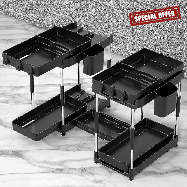 Double Sliding Under Sink Organizers and Storage - Adjustable 2 Tier Pull Out Under Cabinet Organizer Counter