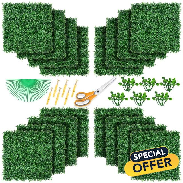 POZOY 16 PCS Artificial Grass Wall Panels 20"x20" Boxwood Hedge Greenery Wall Backdrop with UV Protection for Home Green Garden Decor Privacy Fence Balcony Screen Indoor Outdoor Wedding Party