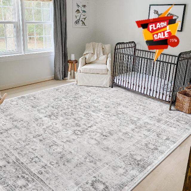 LIVEBOX Persian Washable Area Rug 8x10 - Large Boho Living Room Rug Vintage Grey Rug for Bedroom