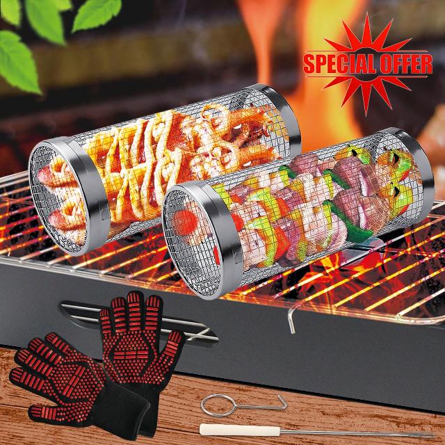 Draywitt BBQ Rolling Grill Basket - 2PCS Rolling Grilling Baskets for Outdoor Grilling