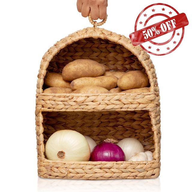Eralen Kitchen Basket -Beautiful Hyacinth Fruit and Vegetable Storage -Rigid Metal Frame with Divided Compartments - Fits All Kitchens - Housewarming Gift -Decorative Organizer for Kitchen Counter