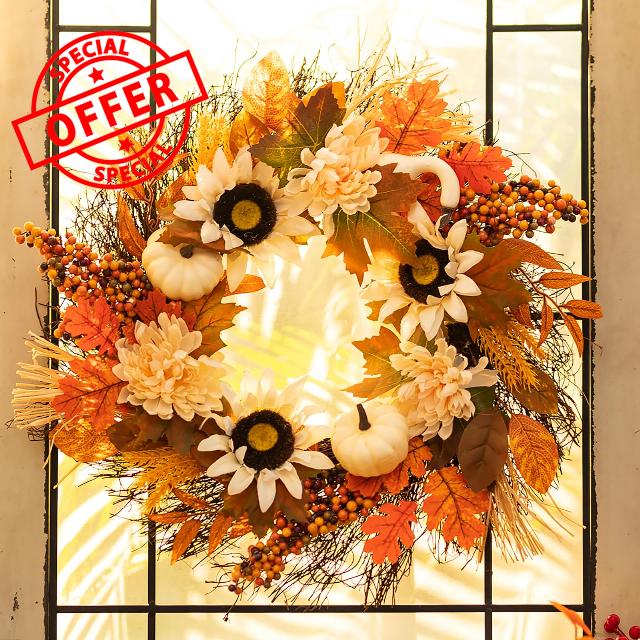 Fall Wreaths for Front Door Decor - Walasis 20 Inch Thanksgiving Wreath with Maple Leaves White Pumpkin Daisy Sunflower Wreath Autumn Harvest Decorations for Table Front Porch