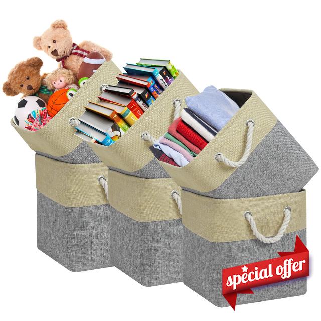 outdoorm 11x11 Inch Cube Storage Bins - Pack of 6 | Space-Saving Collapsible Baskets for Home and Office Use (Beige/Gray)