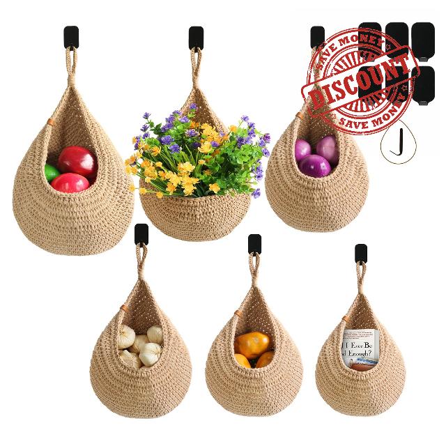 Hanging Fruit Baskets for Kitchen - 6 Pack Boho Wall Hanging Basket