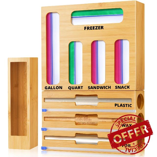 Ziplock Bag Organizer with Foil and Saran Wrap Dispenser With Cutter For Kitchen Drawer - 9 in 1 Bamboo Food Storage Organizer Perfect For Plastic Ziploc Gallon