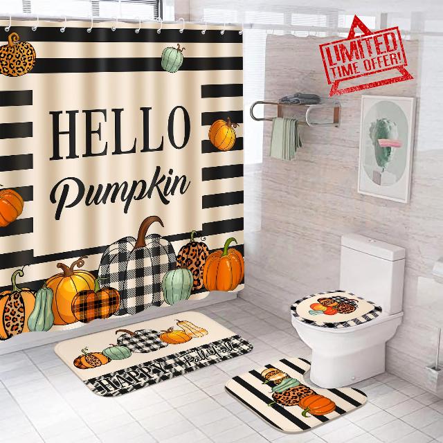 Preboun 4 Pcs Thanksgiving Fall Shower Curtain Set 72 x 72 in Autumn Farmhouse Bathroom Curtain with 12 Hooks Waterproof Non Slip Rug Toilet Lid Cover and Bath Mat Thanksgiving Home Decor for Kitchen