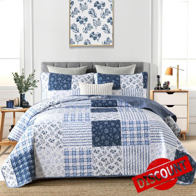 Drucon Patchwork Quilt Set Queen 3 Pieces Blue Floral Plaid Bedspread Coverlet Set
