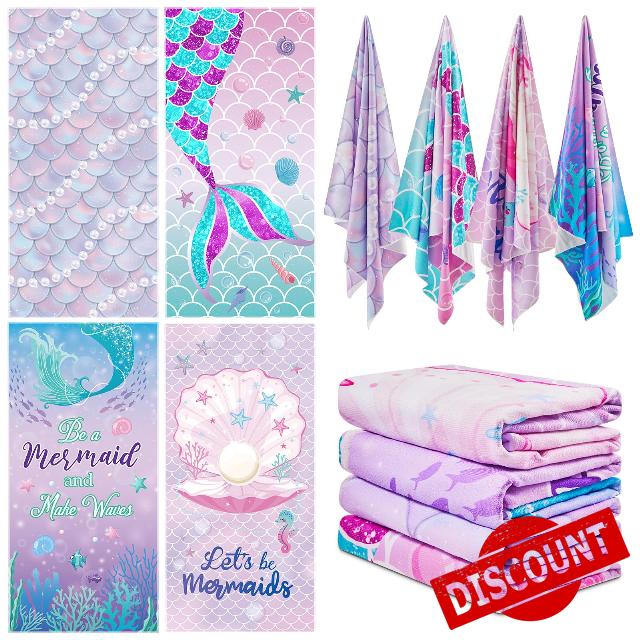Newwiee 4 Pcs Mermaid Beach Towels for Girls 30 x 60 Inch Microfiber Quick Dry Beach Towel Blanket Large Mermaid Towel for Girls Mermaid Tail Absorbent Oversized Bath Towels for Adults Pool Swimming
