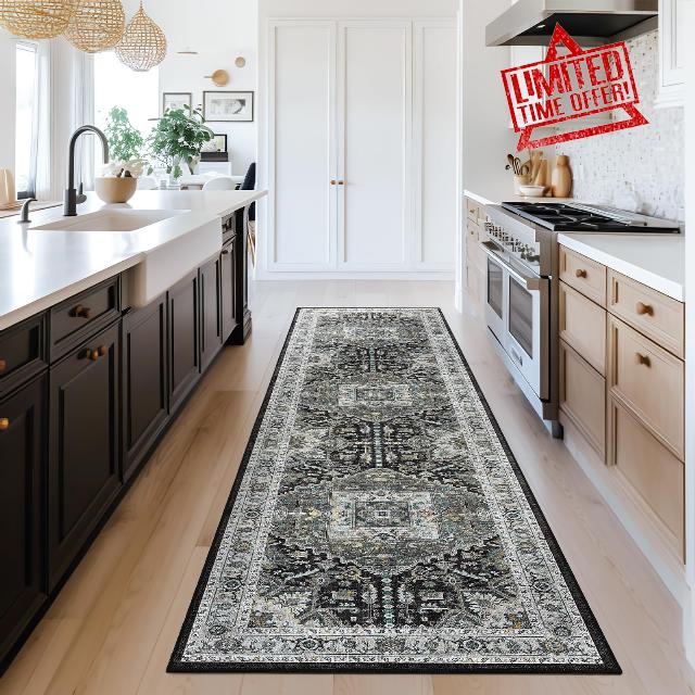 Madane Boho Washable Runner Rug - 2x8 Runners for Hallways Kitchen Non-Slip Runner Rugs Ultra-Thin Laundry Room Rug Throw Carpet Runner for Entrance Living Dinning Room Foyer (Grey Green