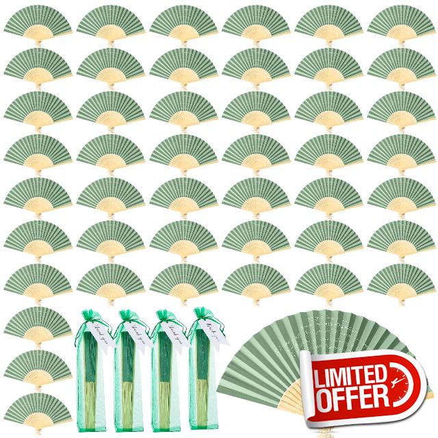 Pinkunn 100 Pcs Sage Green Folding Fans for Wedding Paper Bamboo Folded Hand Fan Wedding Fans for Guests Handheld Paper Fan with 100 Pcs Organza Bags 100 Thank You Tags for Bridal Shower Party Favor