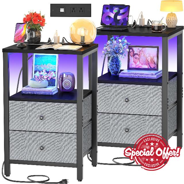 Cyclysio Nightstands Set of 2 with Charging Station