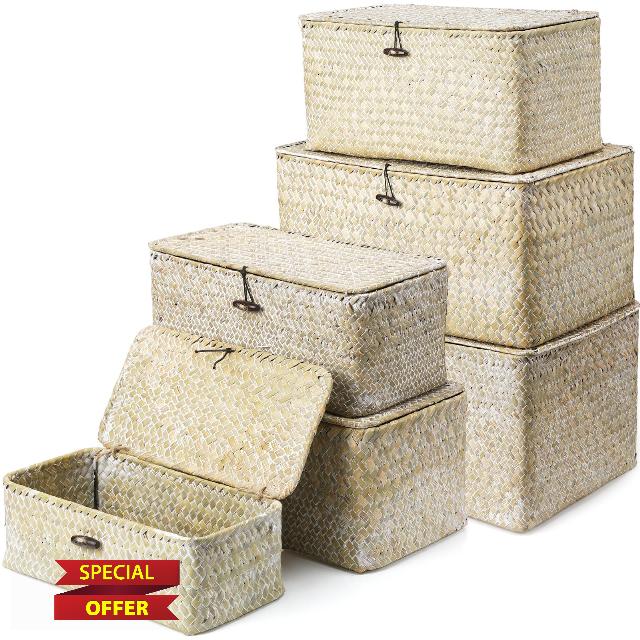 6 Pcs Wicker Baskets with Lids Seagrass Storage Basket Handwoven Wicker Storage Bins Woven Organizer Baskets Rectangular Basket Boxes for Shelf Closet Bedroom (White)